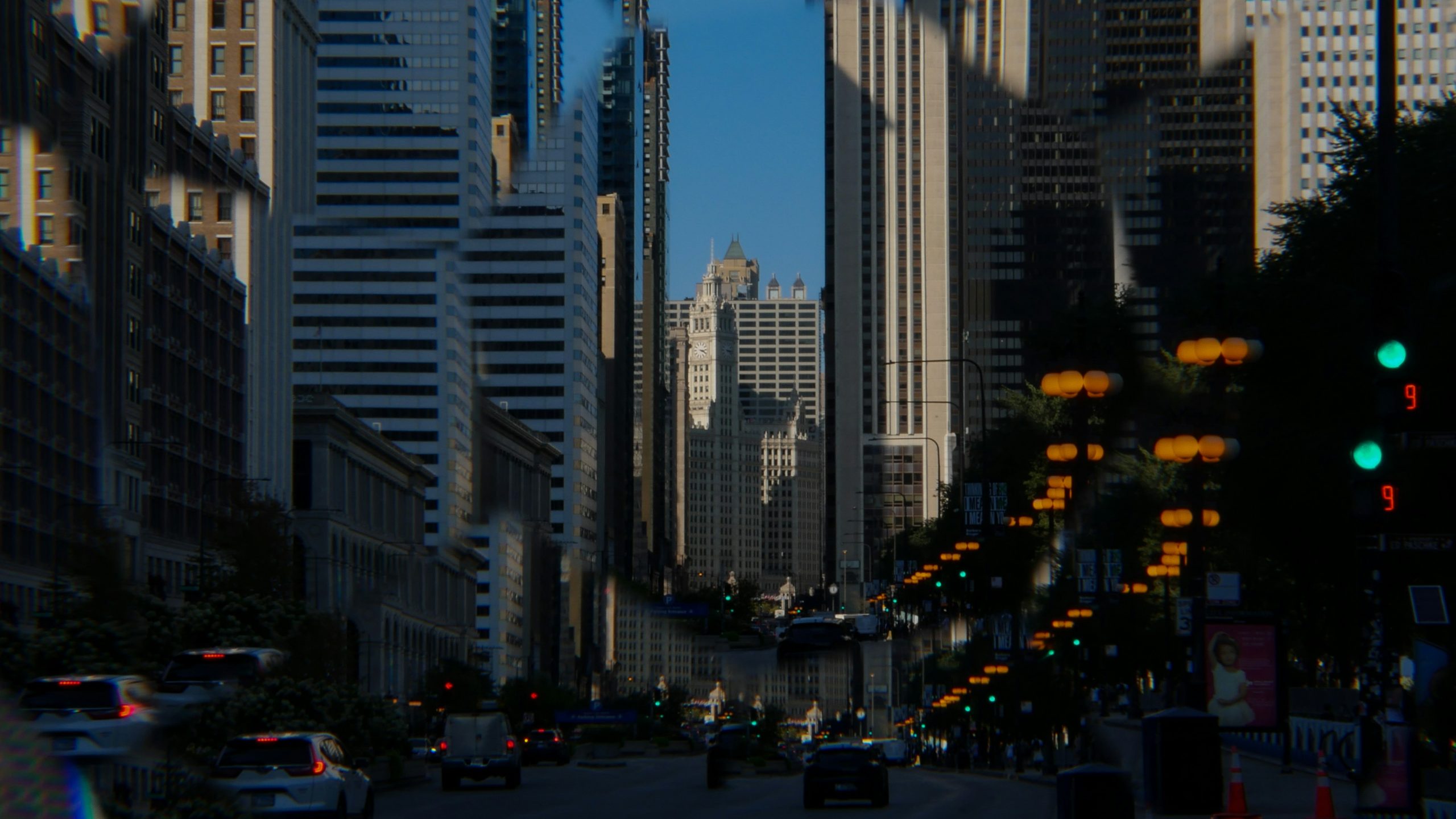 Chicago street with traffic and tall buildings