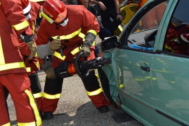 Firefighters performing rescue at a vehicle crash scene representing catastrophic injury cases