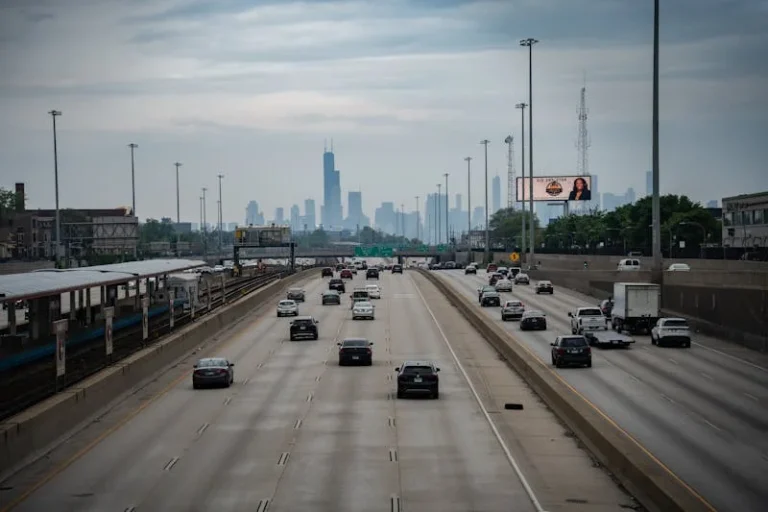 Chicago skyline with busy highway traffic showing urban driving conditions