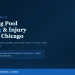 Dark blue editorial cover for swimming pool drowning and injury claims guide in Illinois